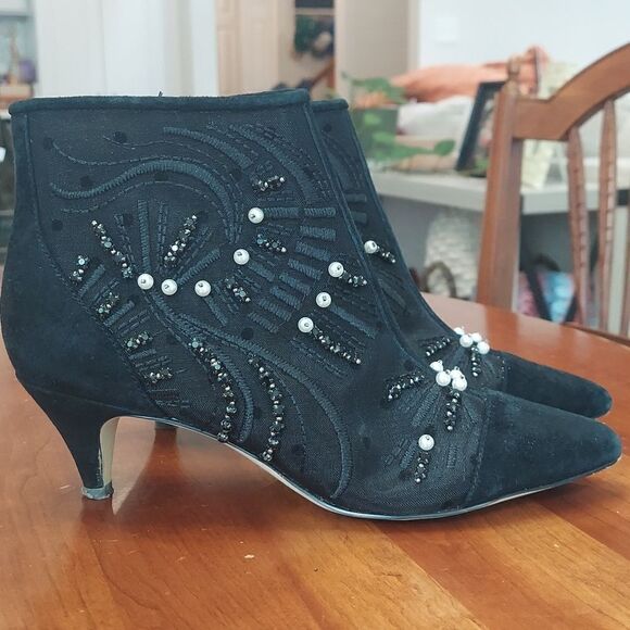 Sam Edelman Kami Black Mesh/Suede Kitten Heel Bootie Pearl Stud Embellished Sz 7 - Picture 3 of 16